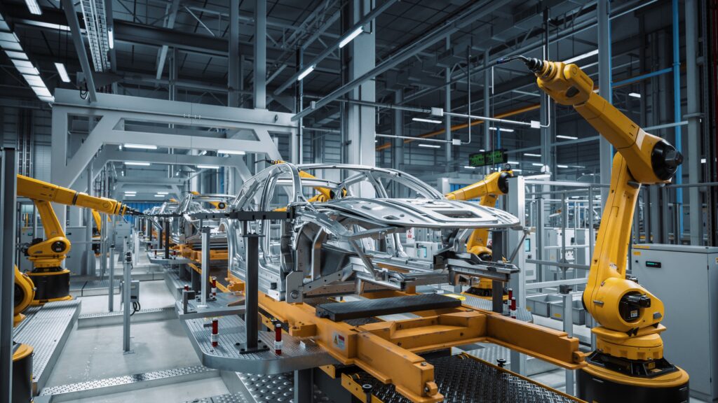 car,factory,3d,concept:,automated,robot,arm,assembly,line,manufacturing