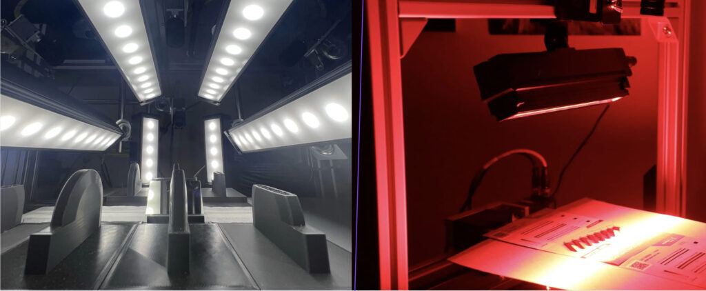 A side-by-side image displaying TPL Vision Area Scan lighting featuring multiple angled LED bars, alongside Line Scan lighting with red illumination for machine vision.