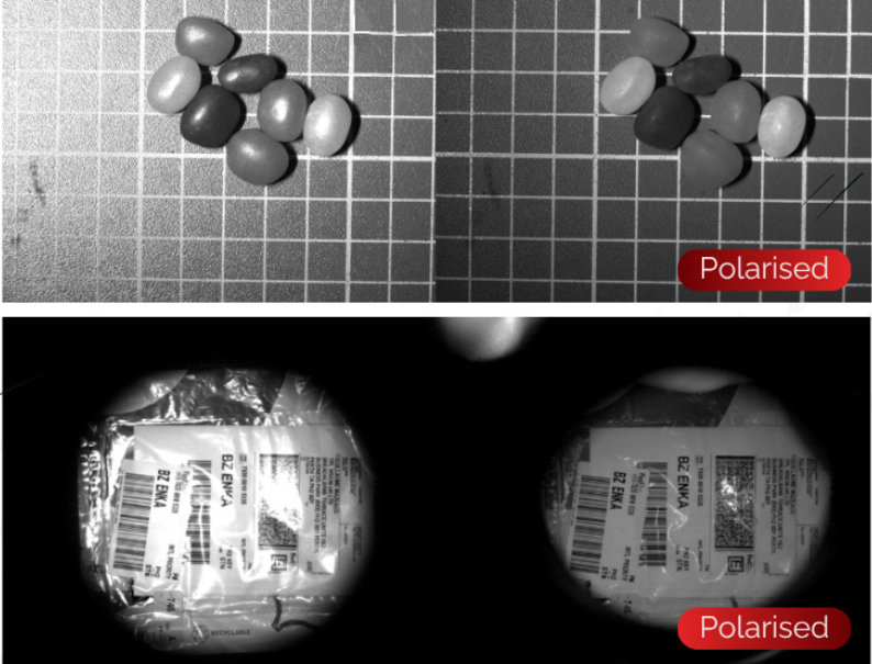 Samples to showcase the use of TPL Vision polarisers on various lights to reduce glare and enhance image quality in industrial automation applications