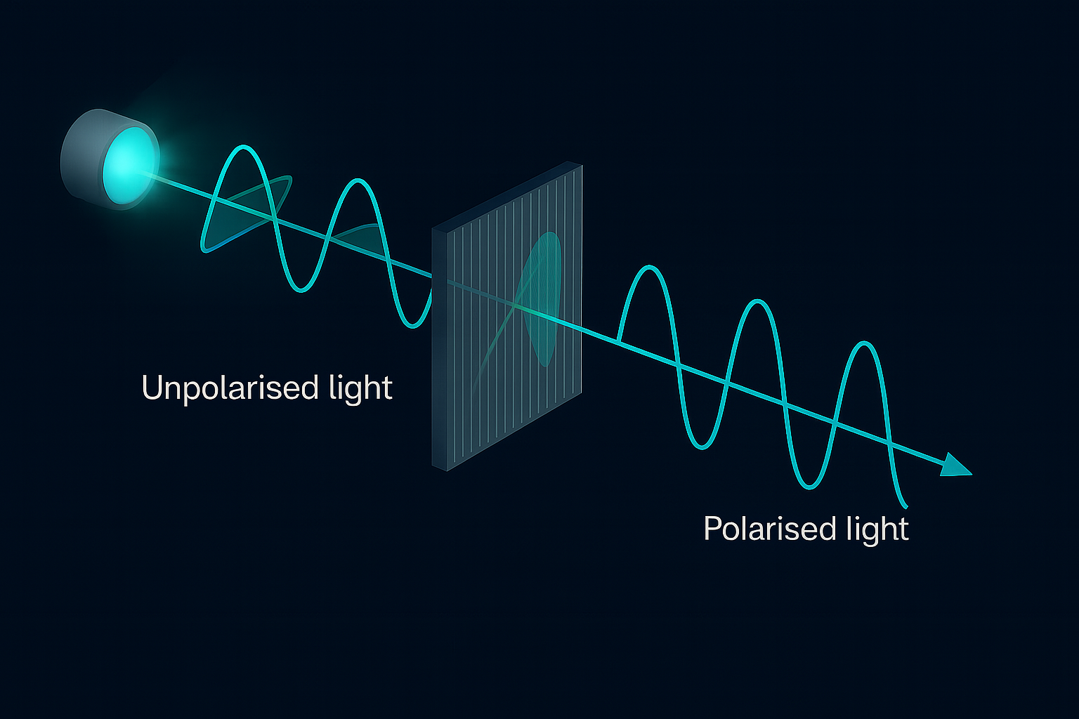 Polarisation explained in detailed graphic chart. Showcases unpolarised light vibrating in different directions and focused into a single direction using a polarisation filter