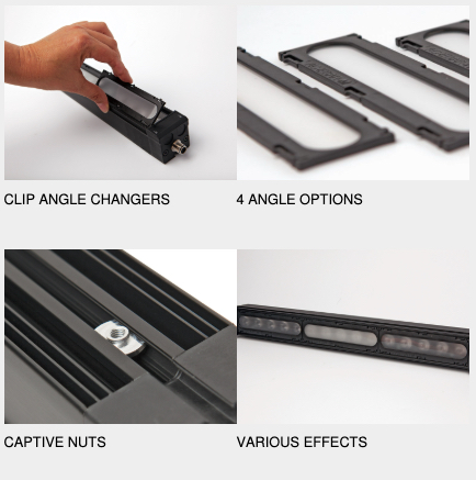 Angle changers for modular bar lights for easy adaptability between lighting techniques.