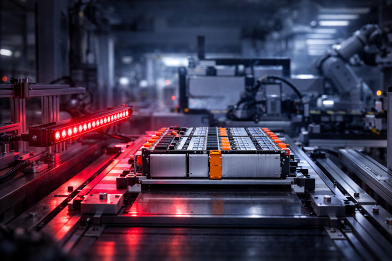 EV Battery under inspection with powerful LED machine vision lighting