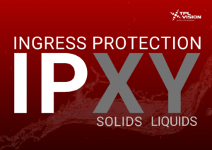 Graphic showing IP Ratings example with placeholder ‘IPXY’ on a red background.