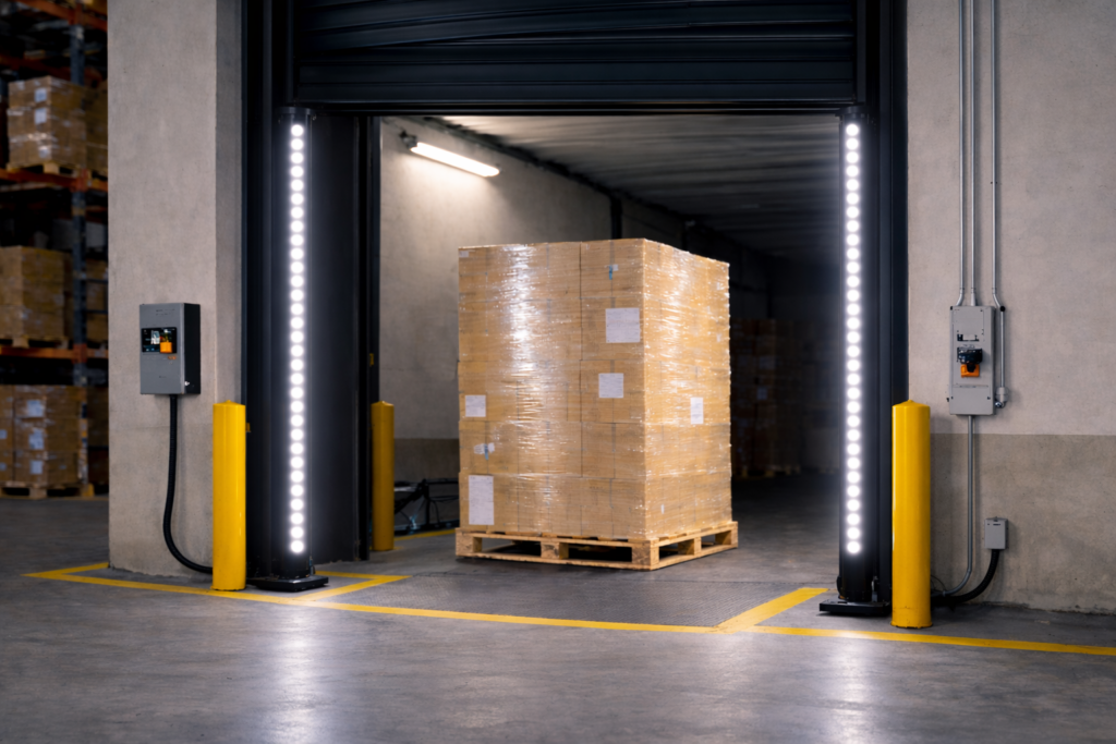 Two tower-mounted machine vision inspection systems on either side of a warehouse dock door, scanning pallets as they pass through for logistics and quality control.