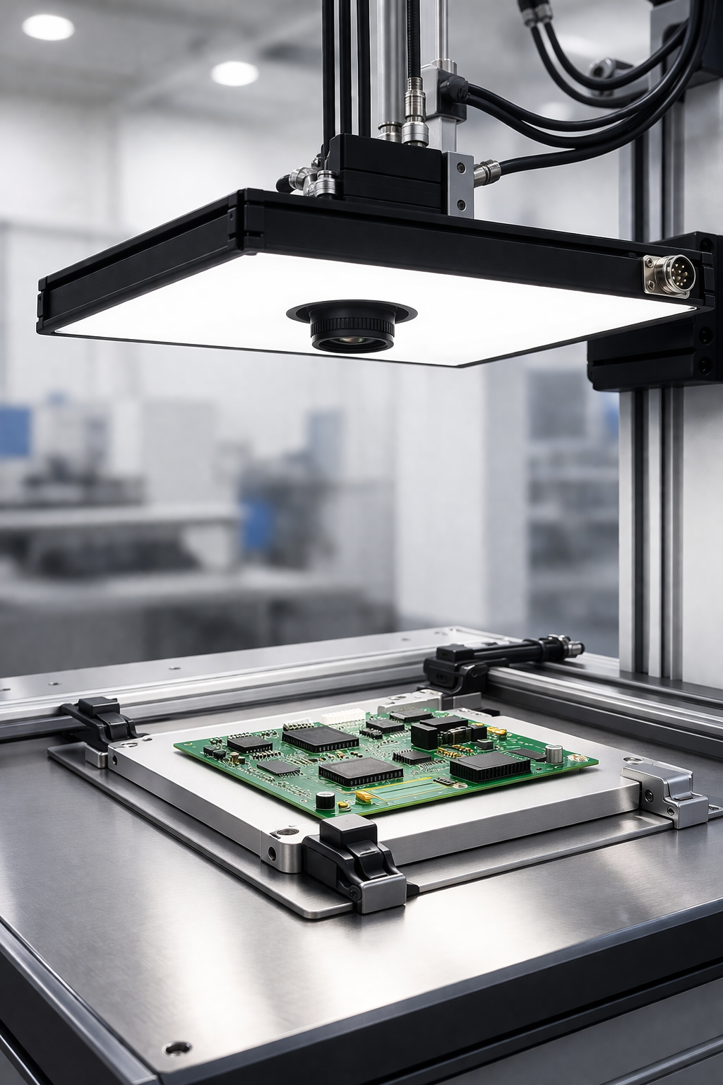 The HPFDOME light used in a stationary vision inspection system. Detailed inspections of PVB board