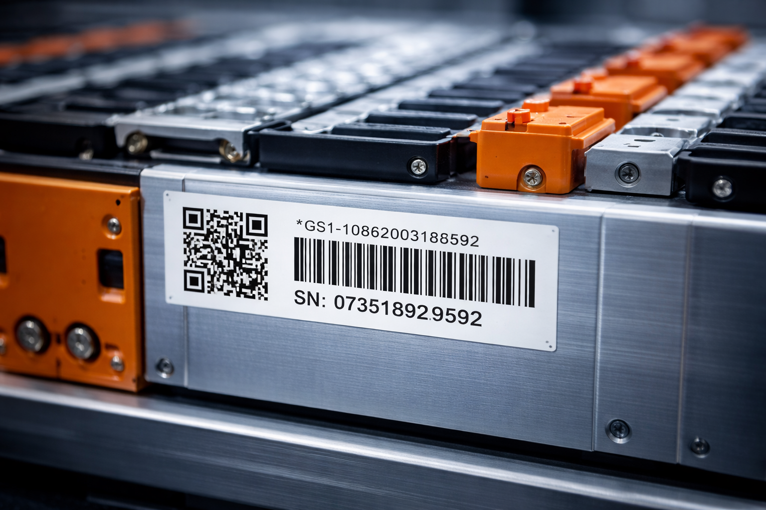 Close-up of a barcode and QR code on an EV battery used for inspection, traceability, and code-scanning applications.