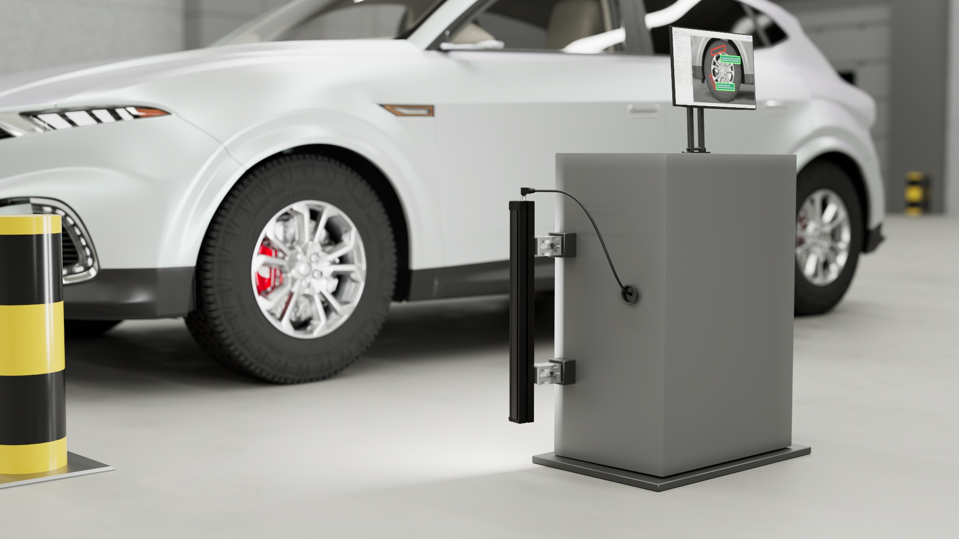 Rear view of a machine vision tire inspection system featuring high-intensity HPS bar lights and a centrally mounted camera used for automotive quality control.