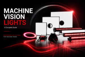 Machine vision lights including red LED ring, bar, dome and backlights for industrial inspection