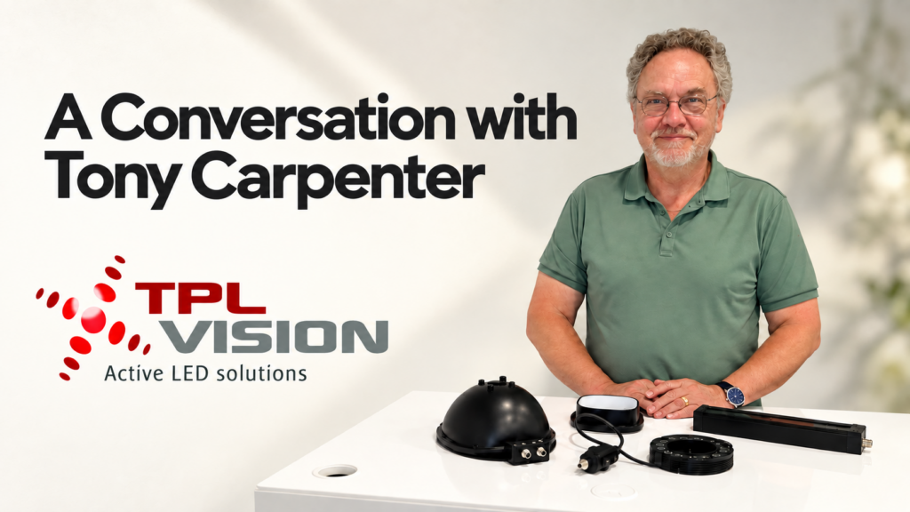 Tony Carpenter stands behind a display of lighting components. The header reads “A Conversation with Tony Carpenter” and features the TPL VISION logo.