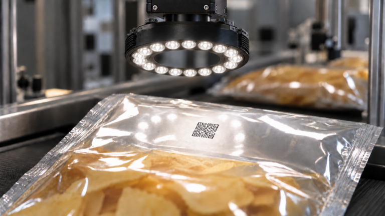 TPL Vision modular ring light illuminating an inkjet code on reflective food packaging beneath a machine vision camera.