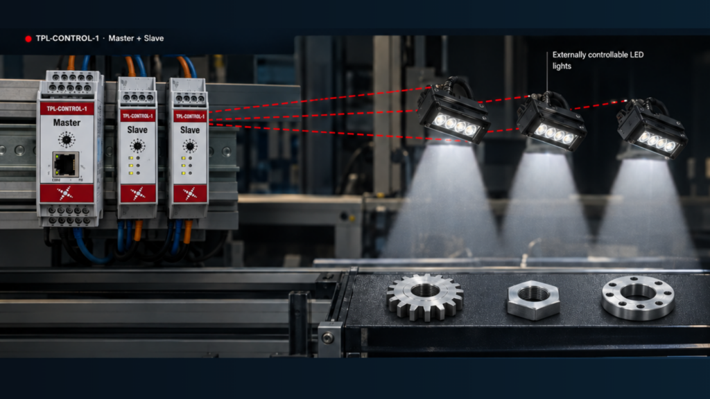 TPL-CONTROL-1 master and slave controllers configured to synchronise three machine vision lights on a high-speed conveyor system.