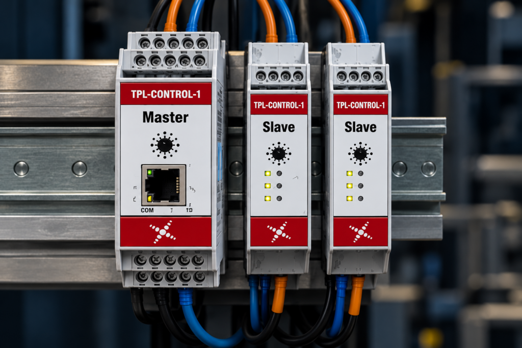 three tpl-control-1 controllers on din rail