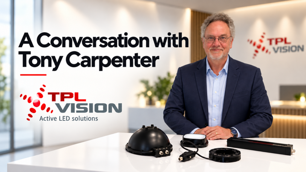 Tony Carpenter stands behind a display of lighting components. The header reads “A Conversation with Tony Carpenter” and features the TPL VISION logo.